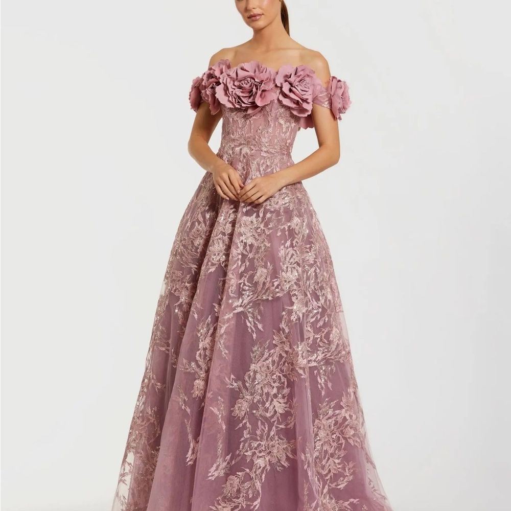 Mac Duggal Lavender Floral Off-Shoulder Gown (worn once)